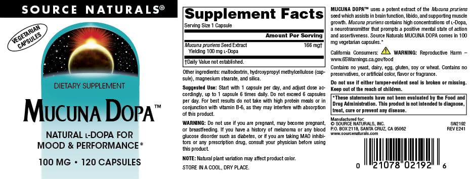 Source Naturals Mucuna Dopa for Mood & Performance, 100 mg, 120 Capsules