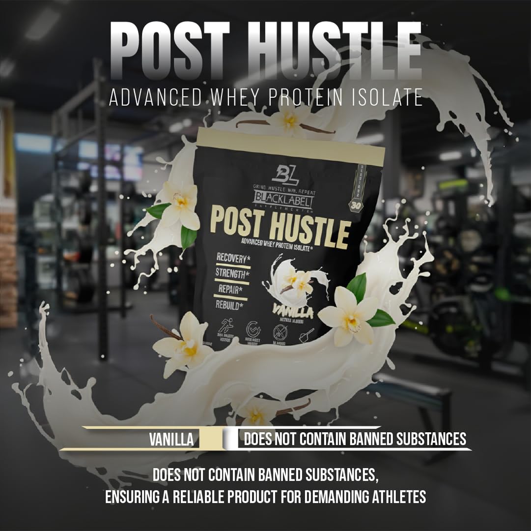 BLACKLABEL Supplements Post Hustle Post Workout Protein Powder, Whey Protein Isolate with Digestive Enzymes, Vanilla — 40 Servings