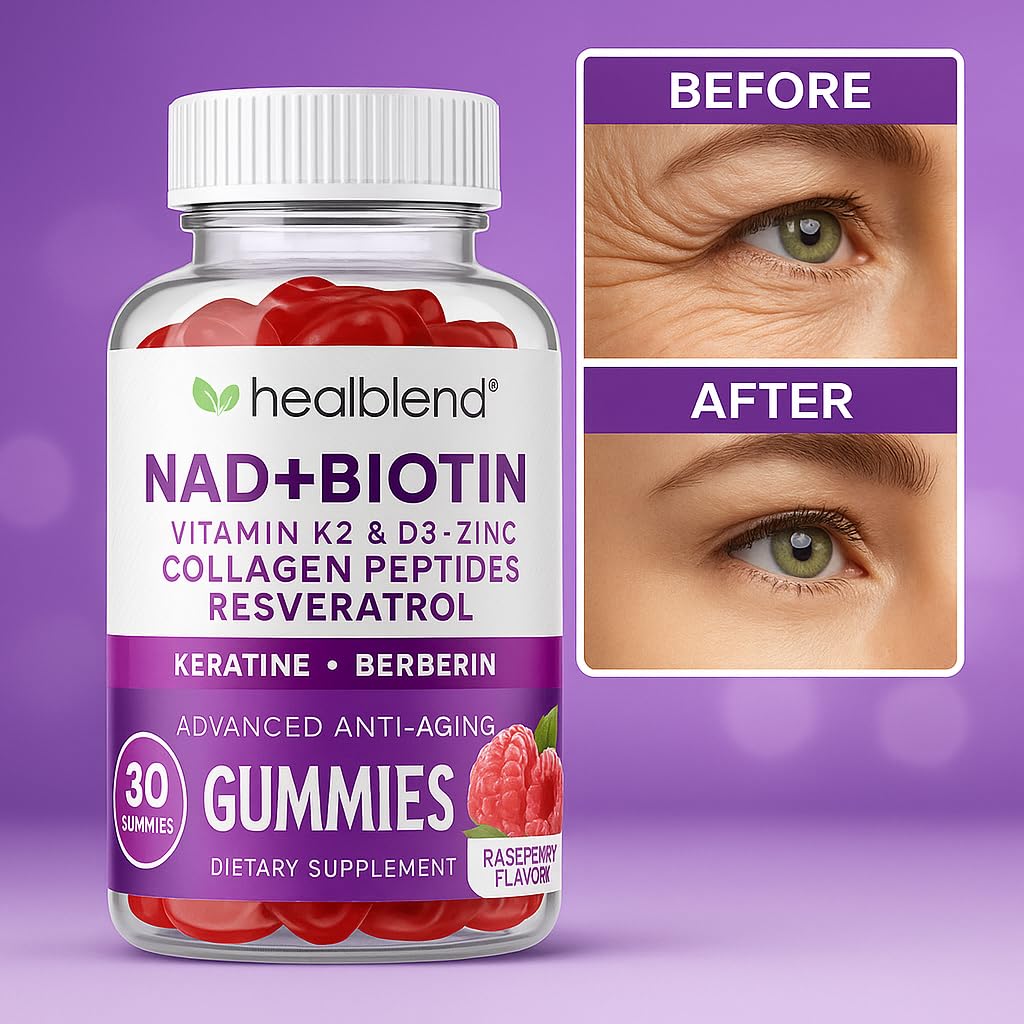 healblend NAD+ Biotin Gummies – Collagen Peptides, Resveratrol, Keratin & Berberine – Anti-Aging Hair, Skin & Nail Support – Vitamin K2 & D3, Zinc – Raspberry Flavor, 60 Gummies
