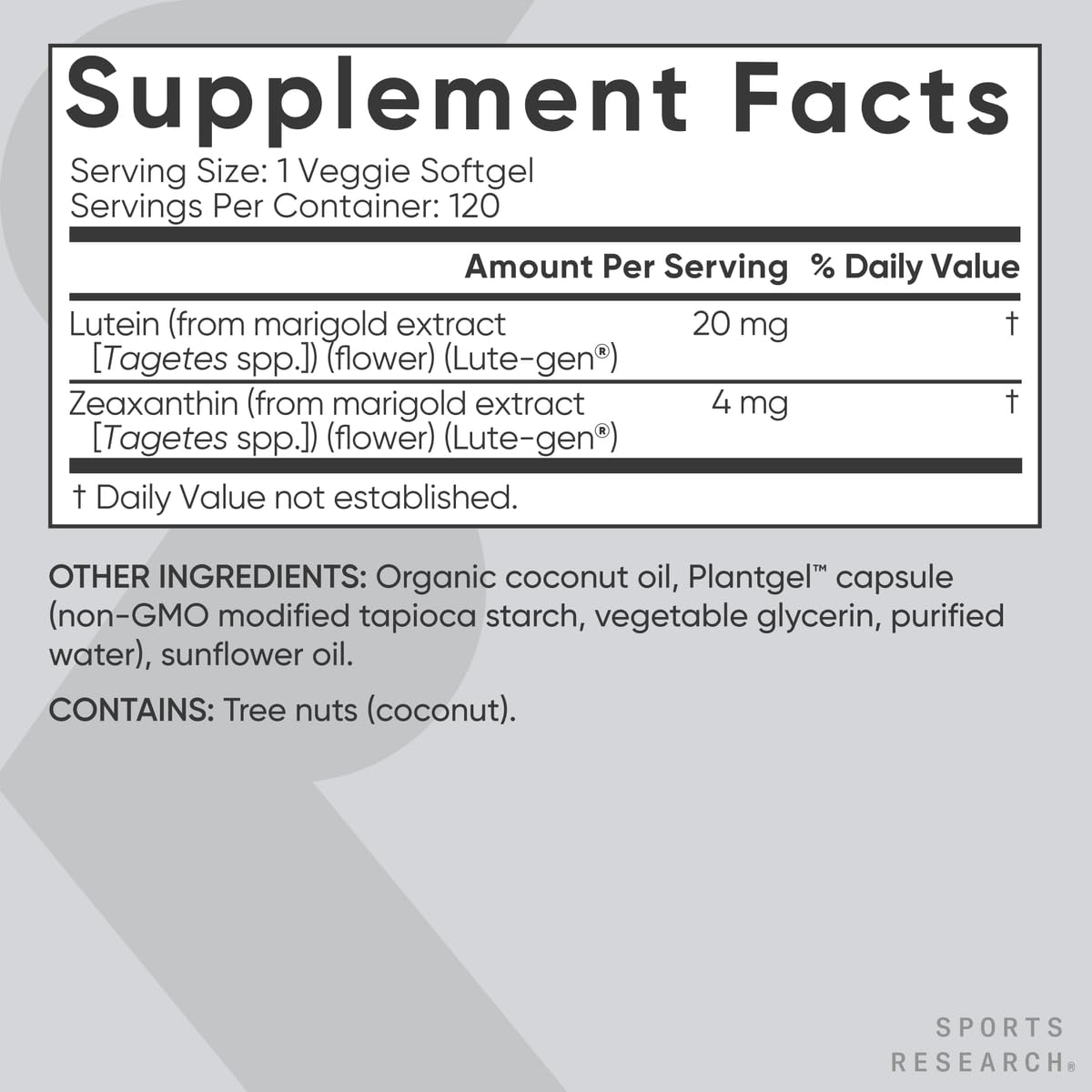 Sports Research Lutein + Zeaxanthin w/ Organic Coconut Oil Softgels 120 Count