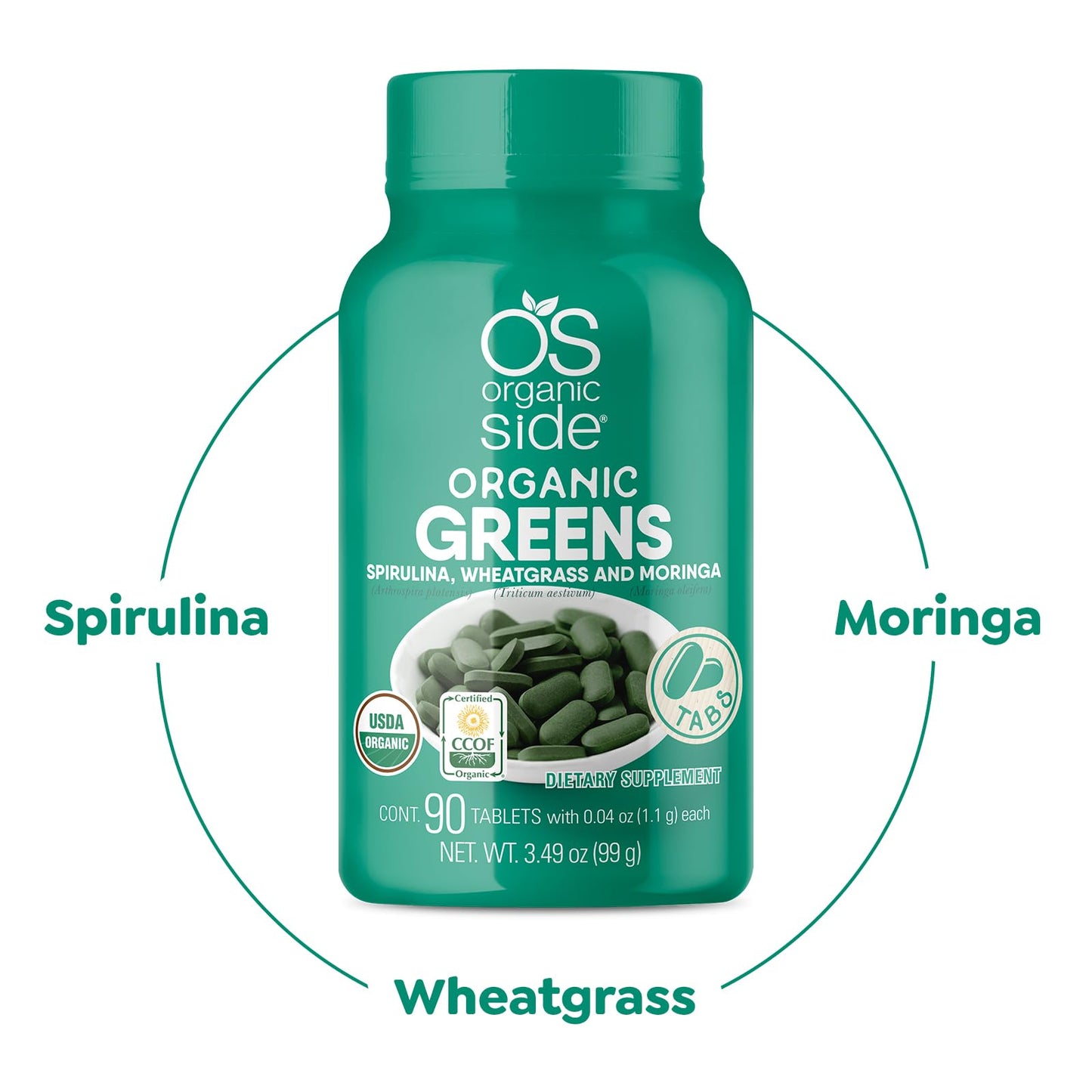 OS Organic Side Organic Greens (Spirulina, Wheatgrass & Moringa) Tablets 3.4 Ounce