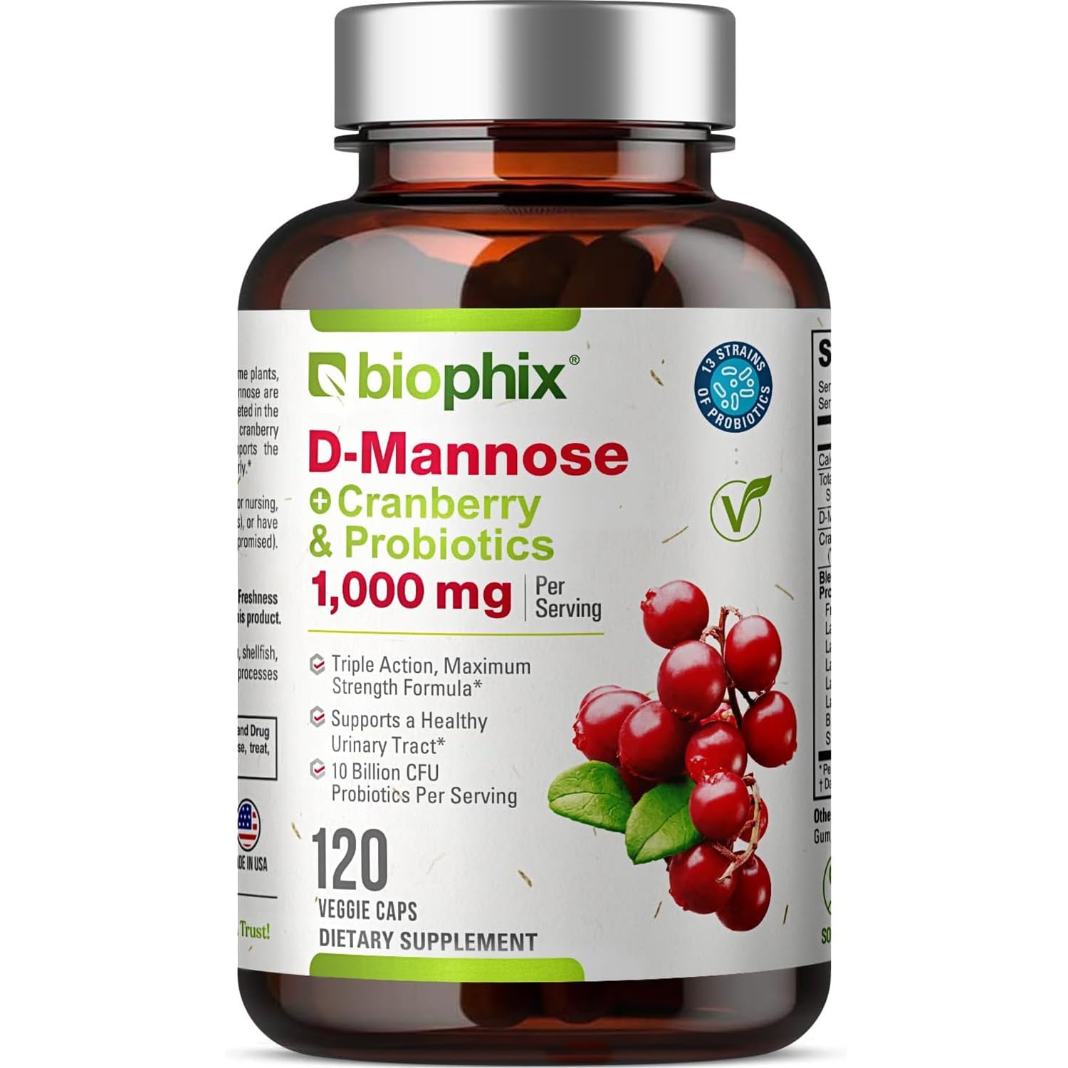 biophix D-Mannose 1000mg Capsules with Cranberry & Probiotics for Women, Urinary Tract & Bladder Health Support, Digestive Well-Being, 120 Capsules