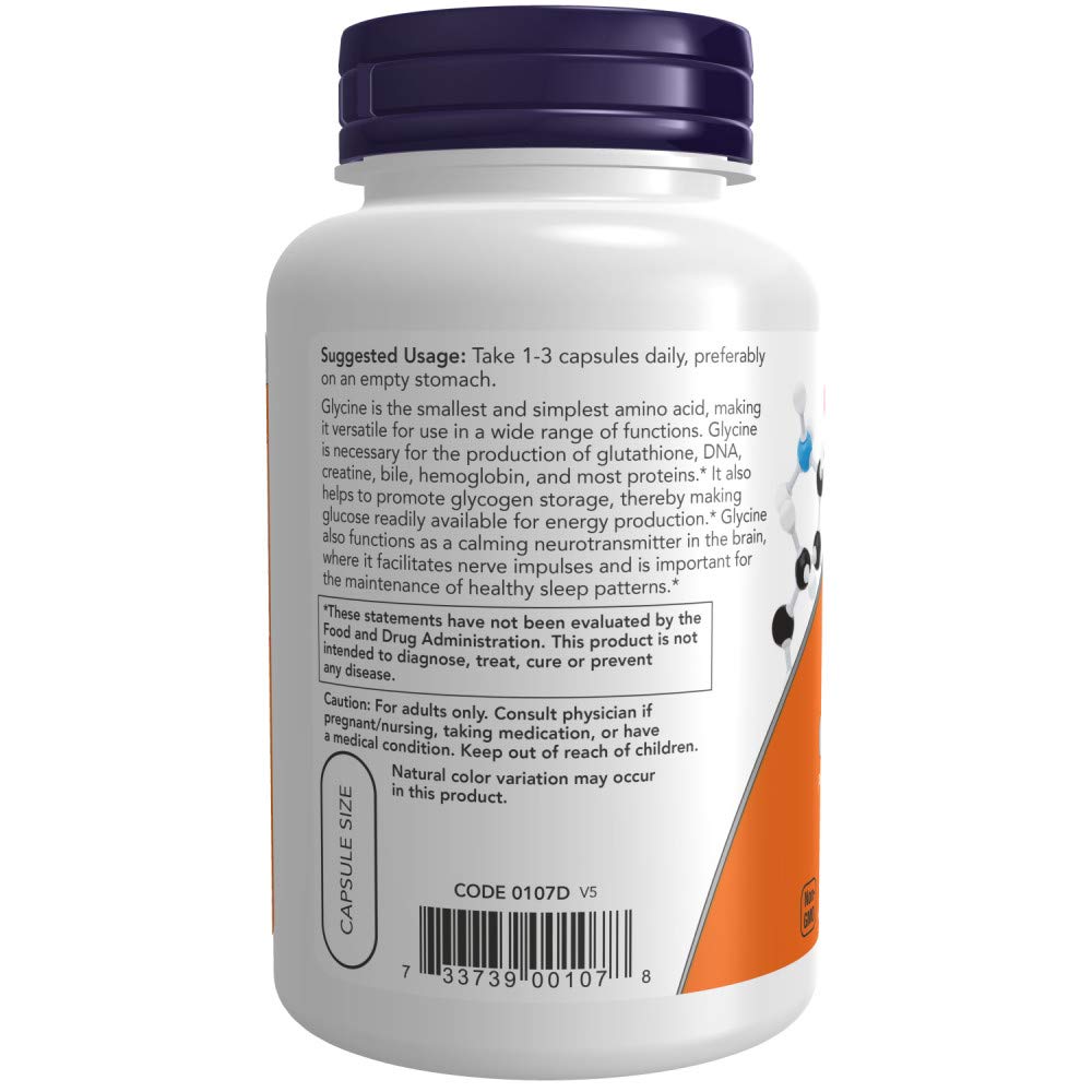 NOW Foods Glycine Pharmaceutical Grade Amino Acid 1000 mg Capsules, 100 Count