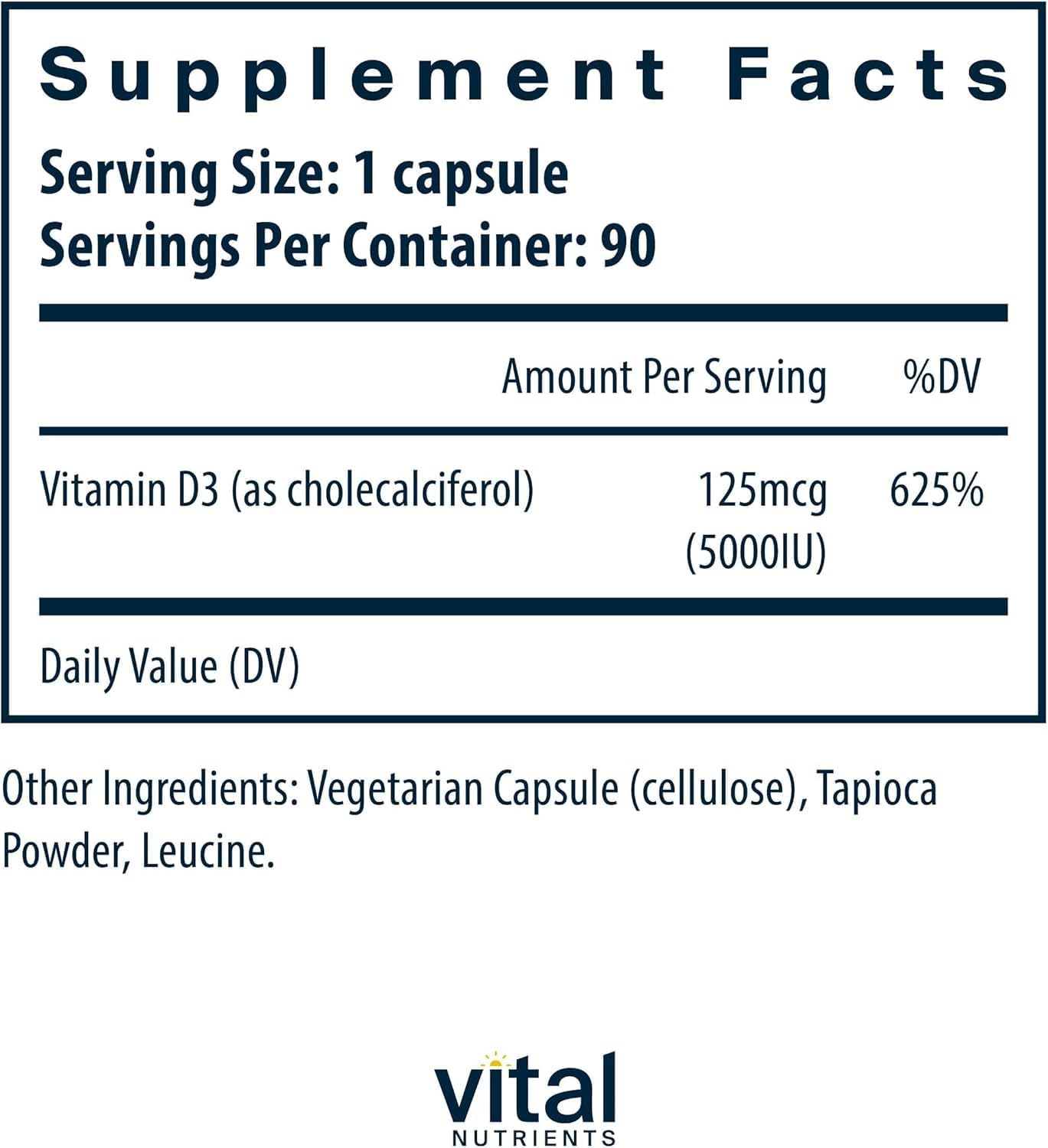 Vital Nutrients Vitamin D 5000 IU Vitamin D3 Supplement Capsules 90 Capsules