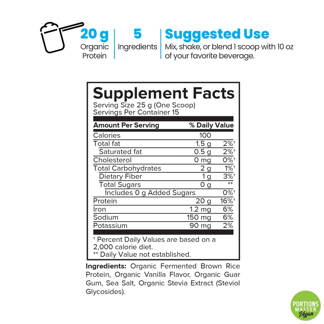 Portions Master Plant Protein Organic Plant Based Protein Powder with Fermented Brown Rice Complete Amino Acid Profile, 13.2 Ounce