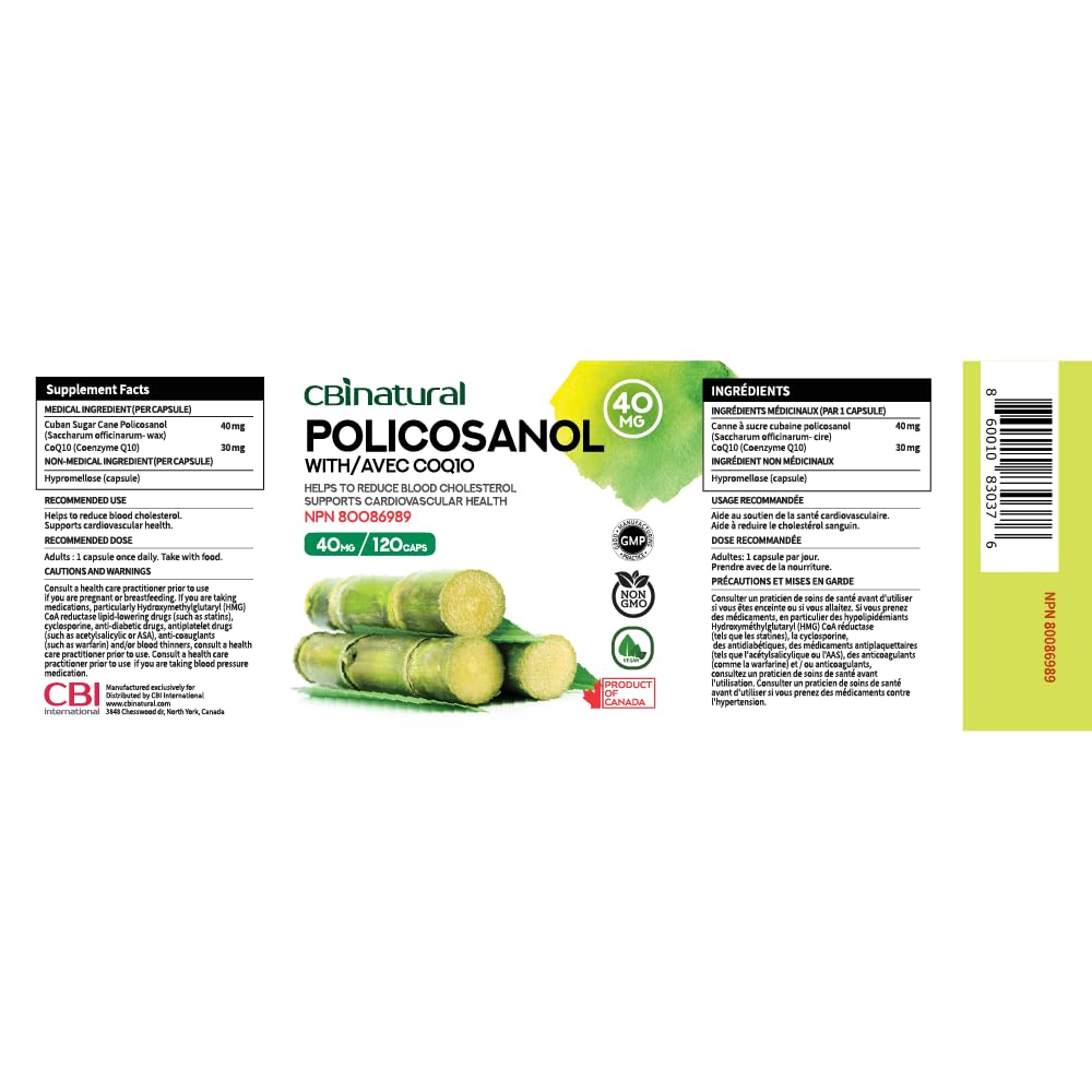 CBI Natural Policosanol 40mg with CoQ10 30mg Capsules, 120 Count