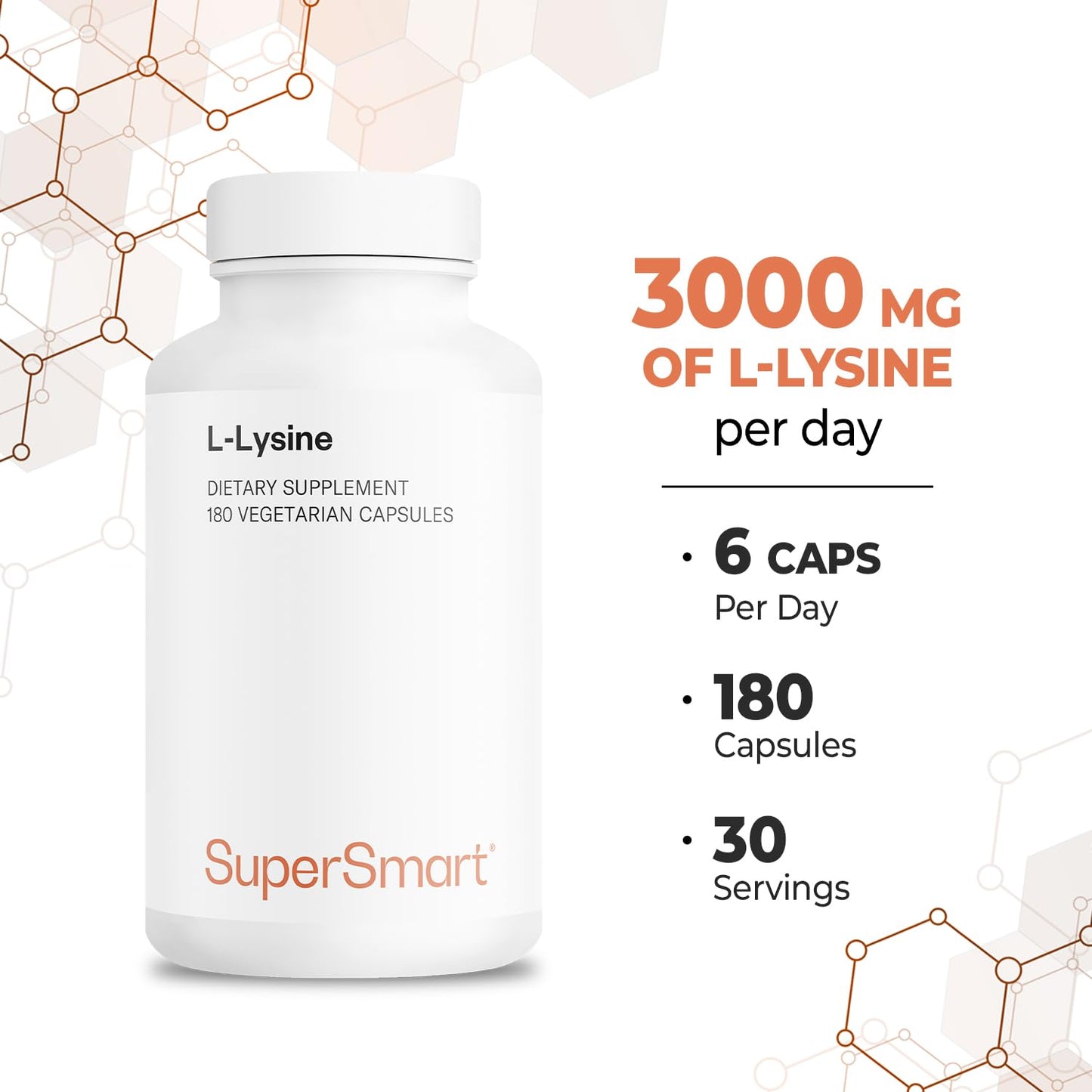Supersmart L-Lysine 6000mg Daily High-Strength Essential Amino Acid Supplement, Non-GMO & Gluten Free, 180 Vegetarian Capsules