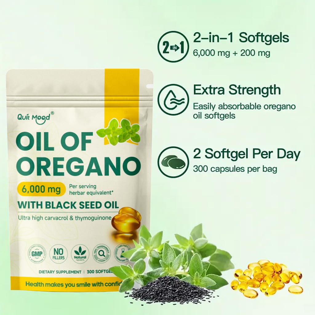Quit mood Oil of Oregano with Black Seed Oil Softgels, 300 Count