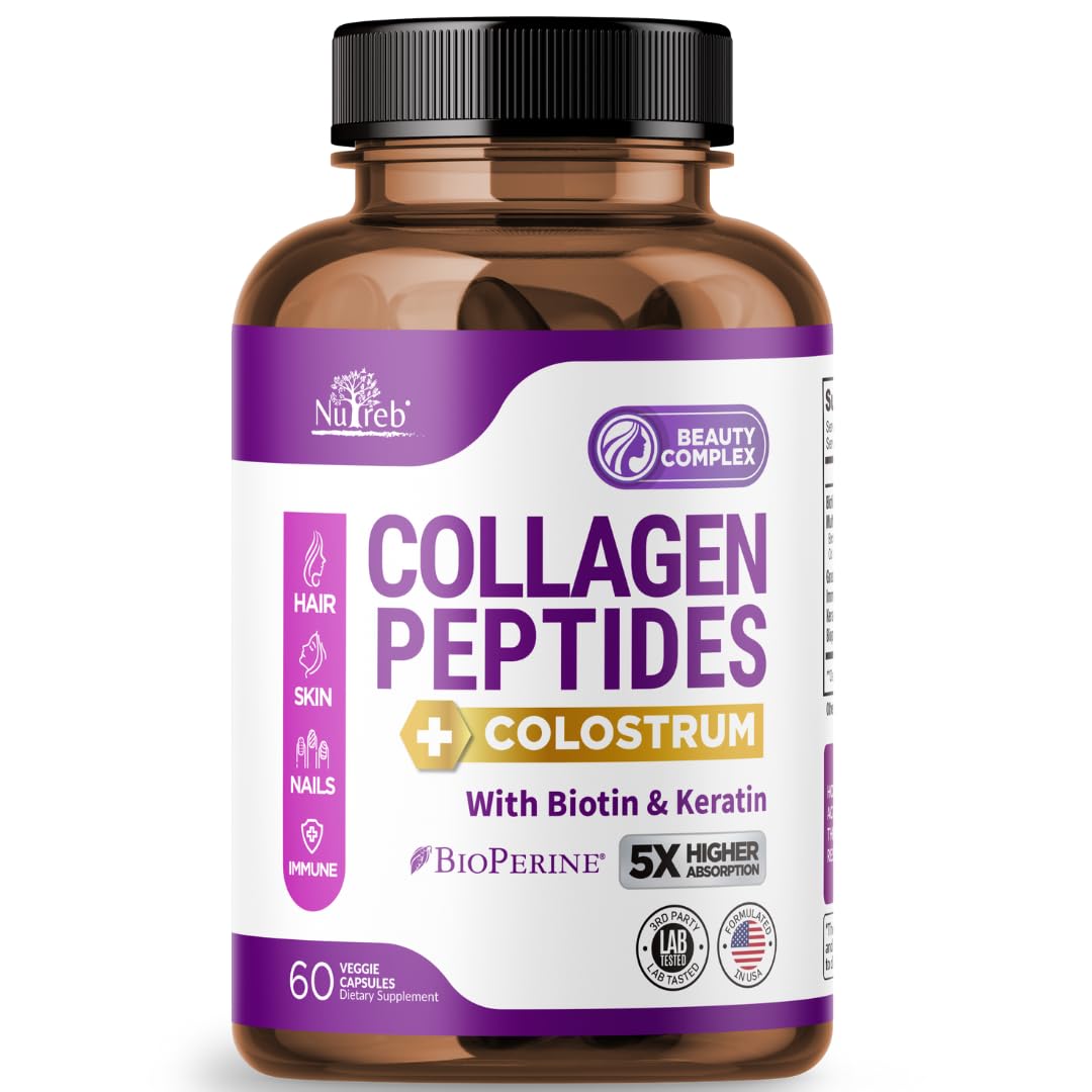 Nutreb Collagen Peptides with Colostrum for Women - Multi-Collagen Types I, II, III, V, X with Biotin & Keratin Capsules, 60 Count