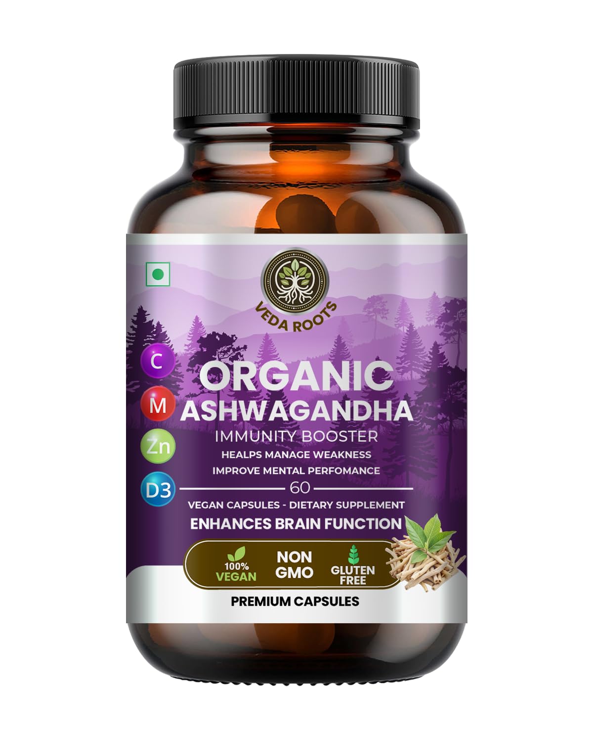 VEDA ROOTS Ashwagandha KSM 66 Capsule, 60 Capsules