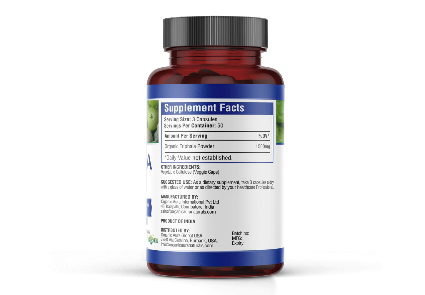 Organic Aura International Premium Triphala Capsules 120 Capsules