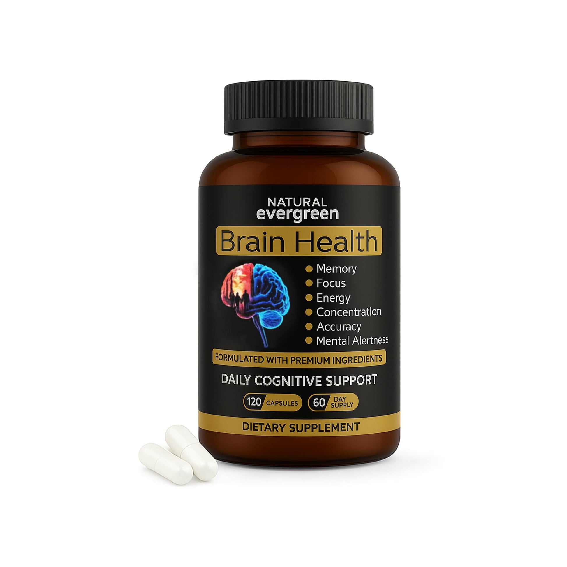 Natural Evergreen Brain Supplements for Memory and Focus Nootropic Capsule, 120 Count