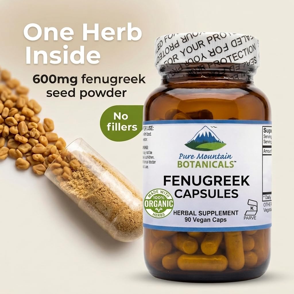 Pure Mountain Botanicals Fenugreek 600mg Capsules Organic, 90 Count