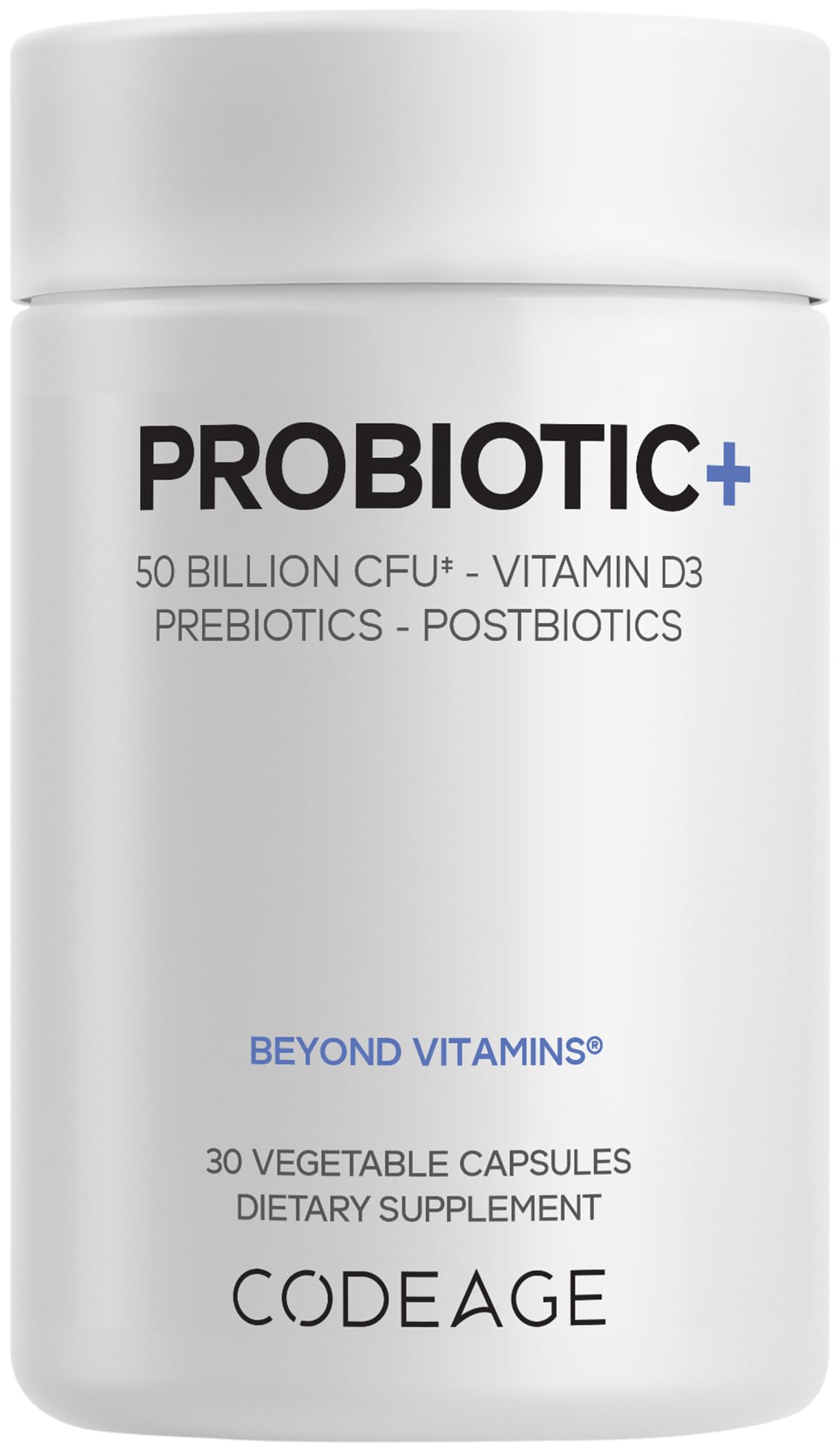 Codeage Probiotic+ 50 Billion CFU Supplement - 12-Strain Probiotic Blend, Organic Prebiotic Fiber, Postbiotics, Vitamin D3, Zinc Bisglycinate, Quercetin - for Men & Women - Non-GMO, 30 Capsules