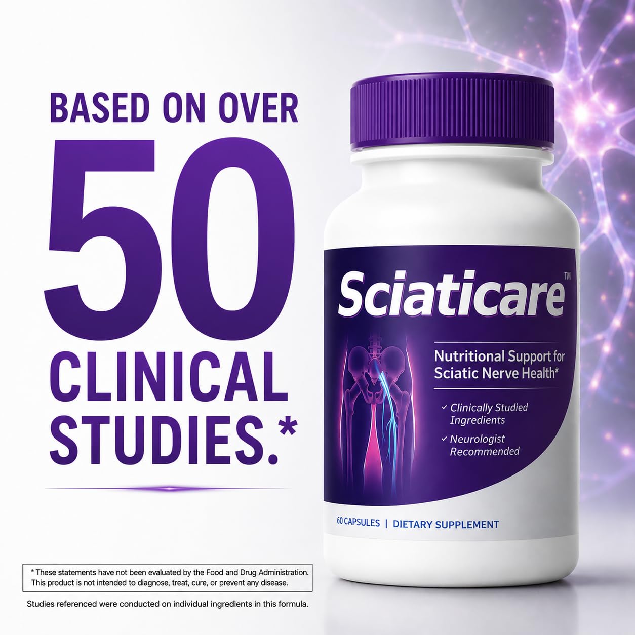 Vita Sciences Sciaticare Nerve Soothing Supplement Vitamins with Natural R-ALA Form 40X Strength, NOT Synthetic Alpha Lipoic Acid (ALA) - Lower Lumbar Sciatic, Hip, Thigh, Leg, Foot Capsules 60