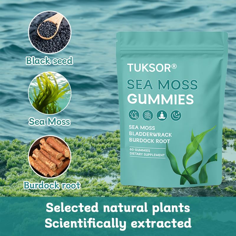 TUKSOR Organic Sea Moss Gummies with Black Seed Oil, Burdock Root, Ashwagandha & Bladderwrack – Herbal Energy, 60 Gummies