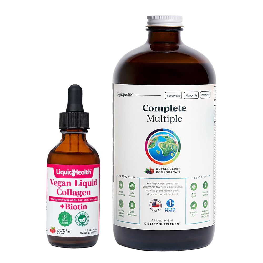 LIQUIDHEALTH Vegan Liquid Collagen Plus Biotin Drops & Complete Adult Daily Multivitamin Wellness Bundle Powder