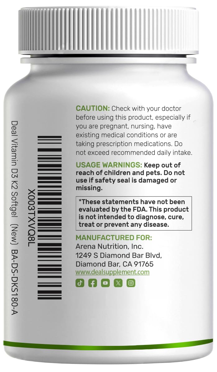 DEAL SUPPLEMENT Vitamin D3 5,000 IU + K2 MK7 Softgels, 250 Count