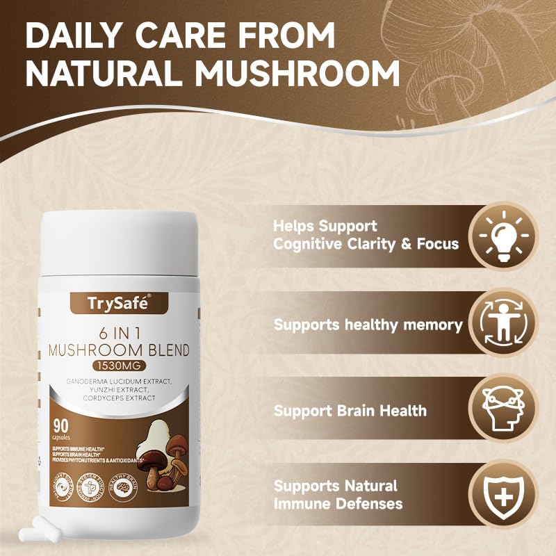 TrySafe 6-in-1 1530mg Organic Mushroom Complex Blend with Lion's Mane, Turkey Tail, Reishi, Cordyceps, Chaga, Shiitake for Memory, Focus & Clarity Support and Supports Natural Immune Defenses, 90 Capsules