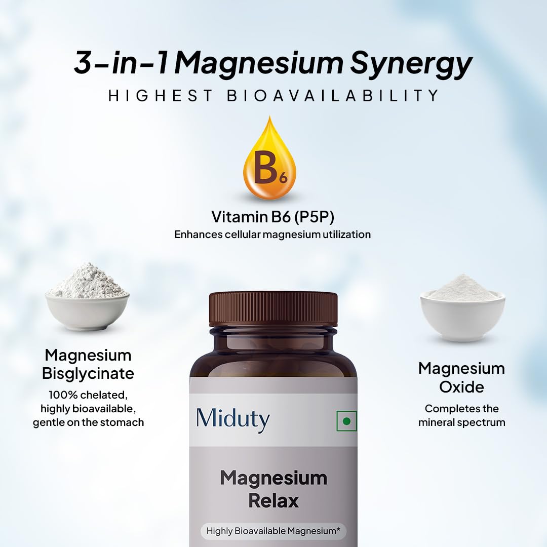 Miduty Magnesium Relax-Oxide & Magnesium Bisglycinate with Vitamin B6 Capsules, 60 Count