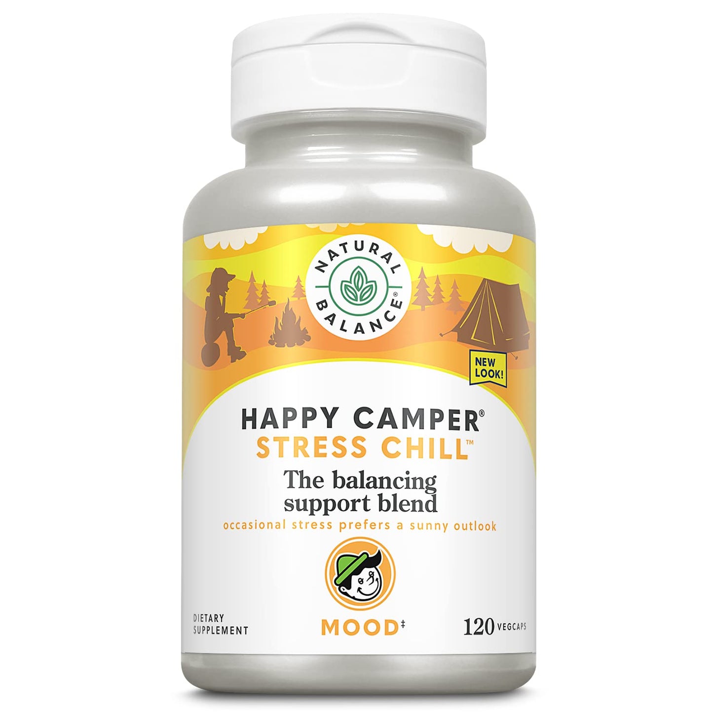 Natural Balance Happy Camper Stress Chill - Balancing Support Herbal Supplements - Mood Support Supplement for Adults with L-Theanine, Rhodiola Rosea, B Vitamins and Selenium Capsules 120