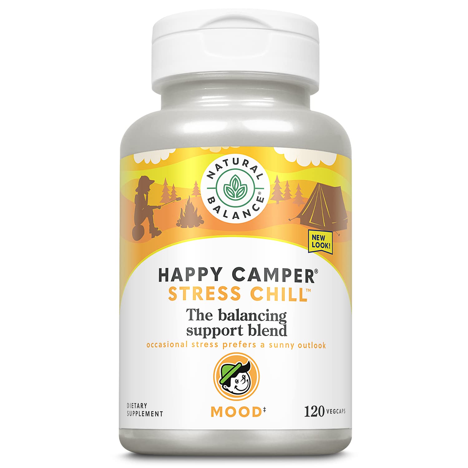 Natural Balance Happy Camper Stress Chill - Balancing Support Herbal Supplements - Mood Support Supplement for Adults with L-Theanine, Rhodiola Rosea, B Vitamins and Selenium Capsules 120