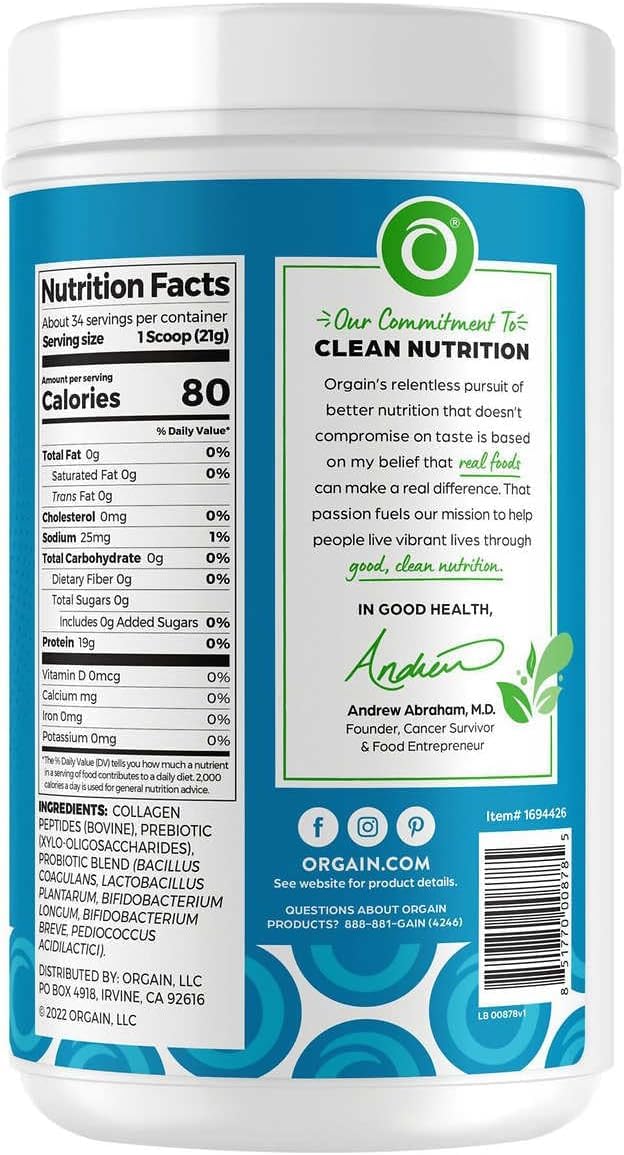 Orgain Collagen +Superfoods with 20 Grams of Grass-Fed Collagen and Vitamin C Unflavored Powder, 25.6 oz
