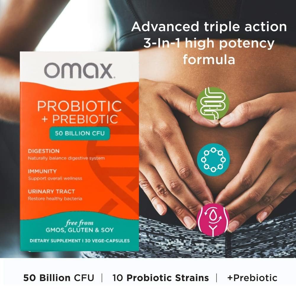 Omax3 Probiotic & Prebiotic 50B CFU for Gut Health & Digestive Support, 90 Capsules