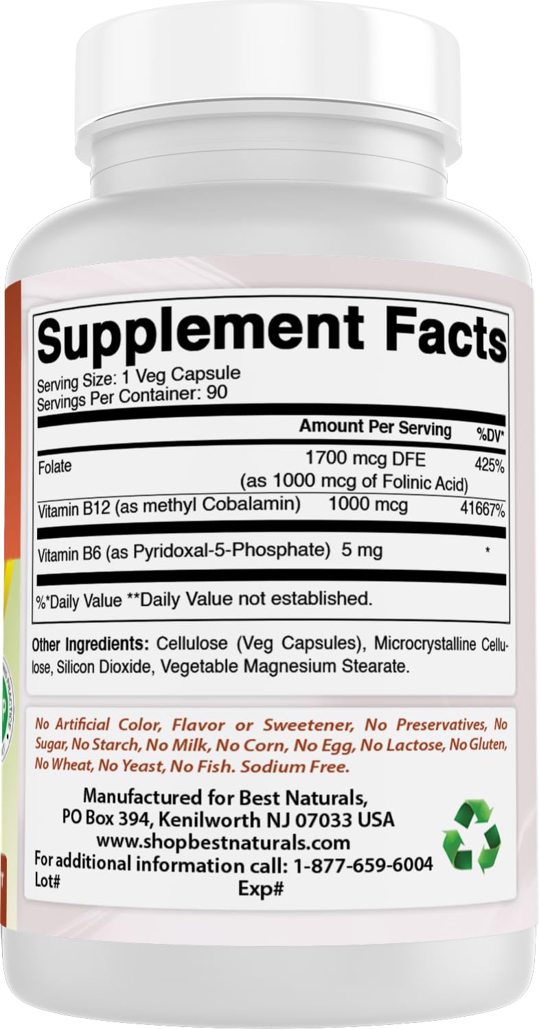 Best Naturals Folinic Acid 1000 mcg with Methyl B12 1000 mcg & Vitamin B6 (P5P) 5 mg, 90 Veg Capsules