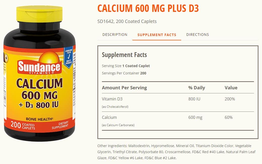 Sundance Calcium 600 mg + Vitamin D3 800 IU Coated Caplets, 200 Count