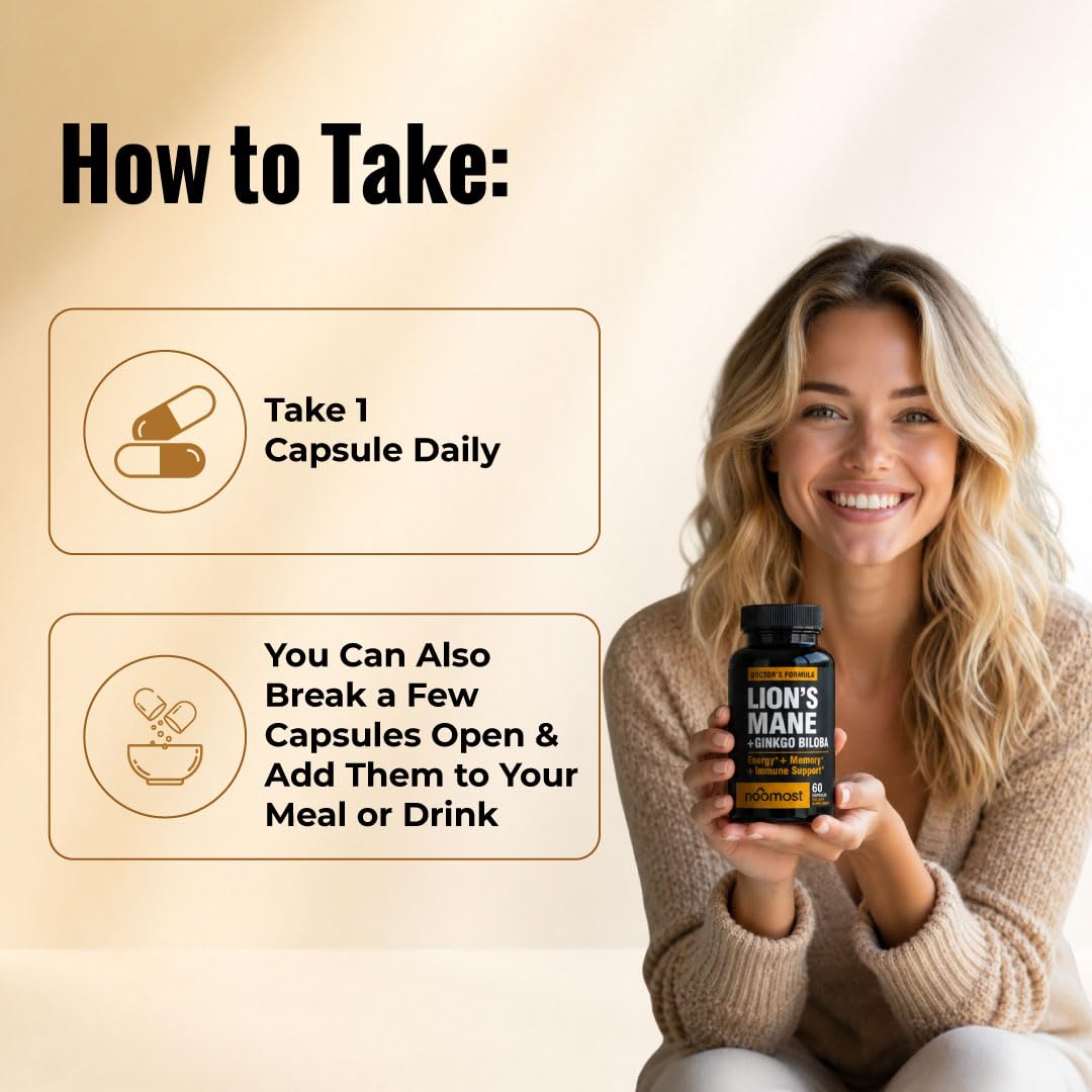 NooMost Lions Mane Supplement Organic Capsules With Ginkgo Biloba – Cognitive Health, Focus & Memory Support – Natural Superfood for Brain, Energy & Immune Health – Non-GMO – 60 Capsules