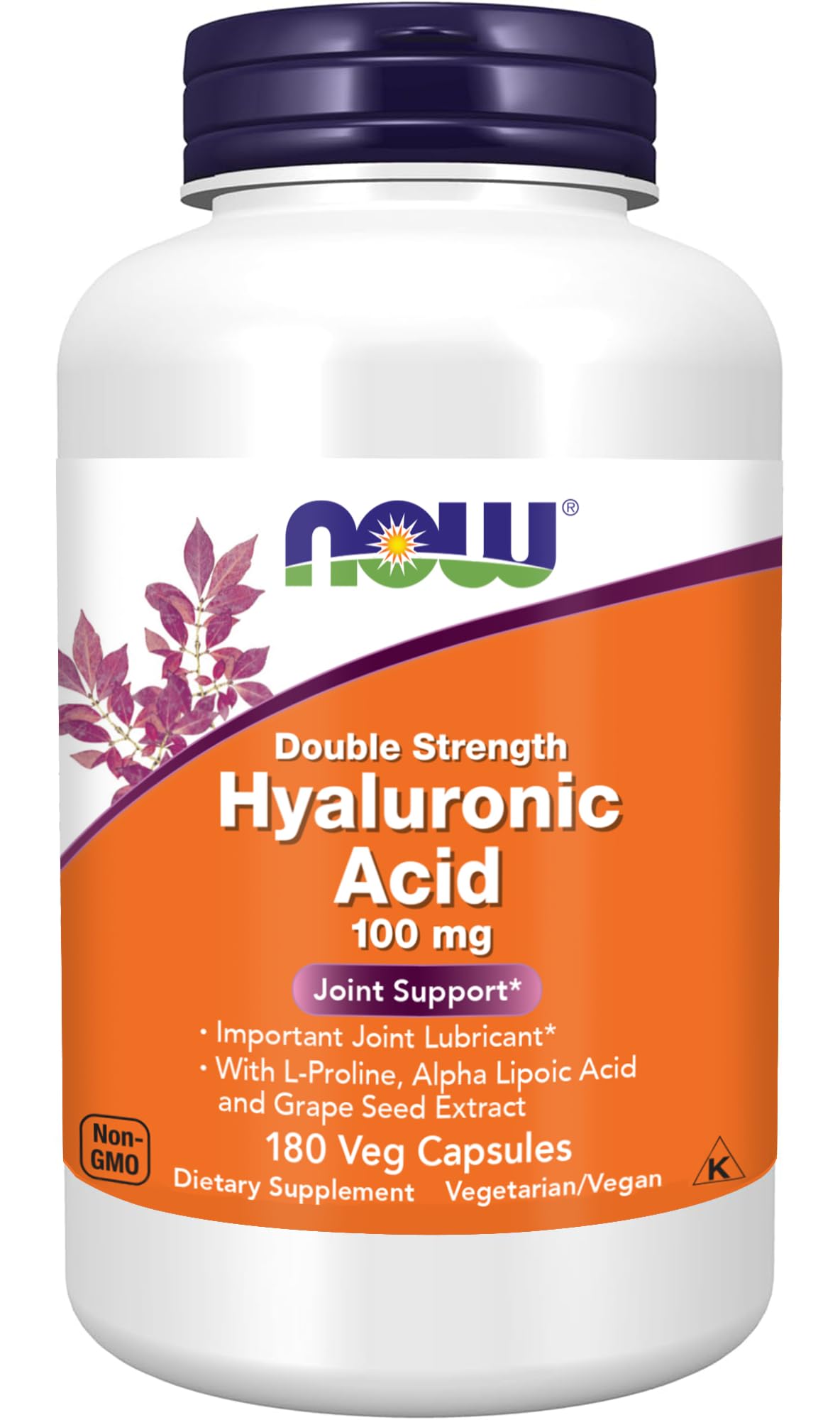 NOW Foods Hyaluronic Acid 100 mg, Double Strength with L-Proline, Alpha Lipoic Acid and Grape Seed Extract, 180 Veg Capsules
