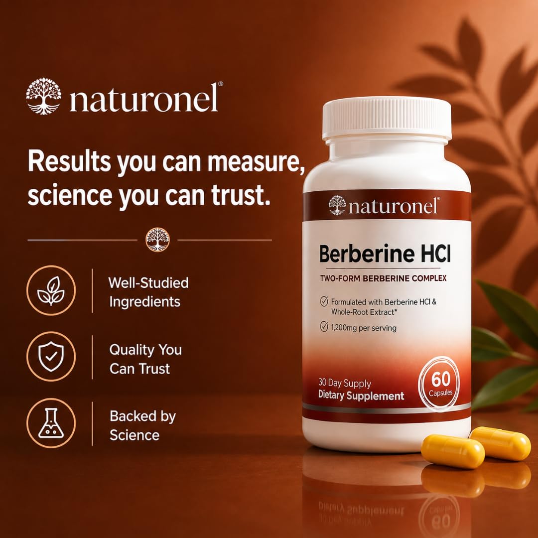Naturonel Berberine HCl 1200mg Supplement - Dual Source Bark & Root Extract - Berberis Aristata - Supports Metabolic Health & Cellular Energy Metabolism 180 Capsules