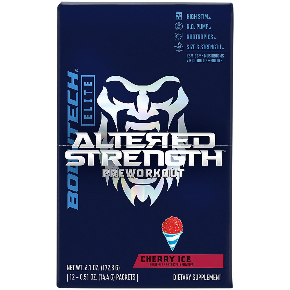 BodyTech Elite Altered Strength Preworkout with Nootropics Cherry Ice, 12 Single-Serving Packets