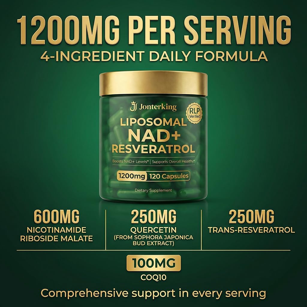 JonterKing NAD+ Supplement Capsule, 1200mg Per Serving, Nicotinamide Riboside Malate with Trans-Resveratrol, Quercetin & CoQ10, 120 Veggie Capsules