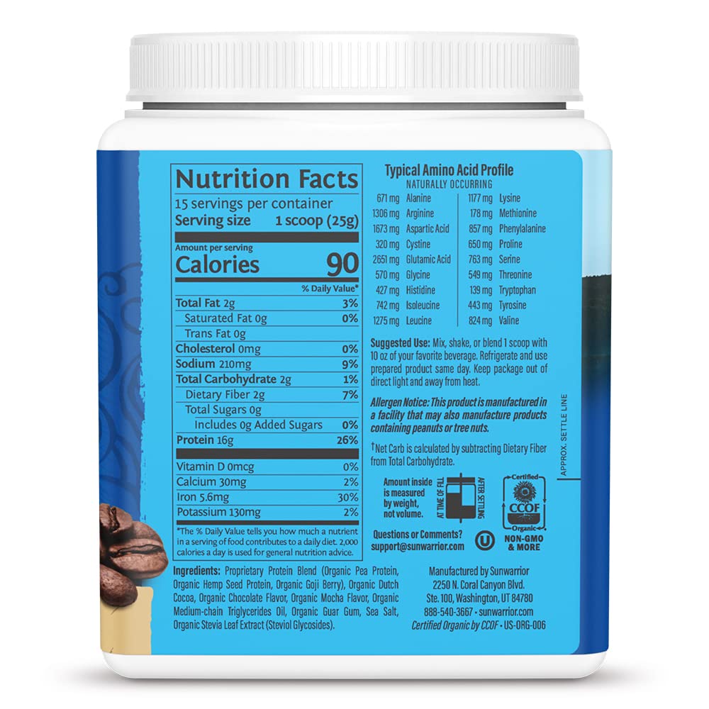 Sunwarrior Organic Plant Based Protein Powder Mocha Flavor, 15 Servings
