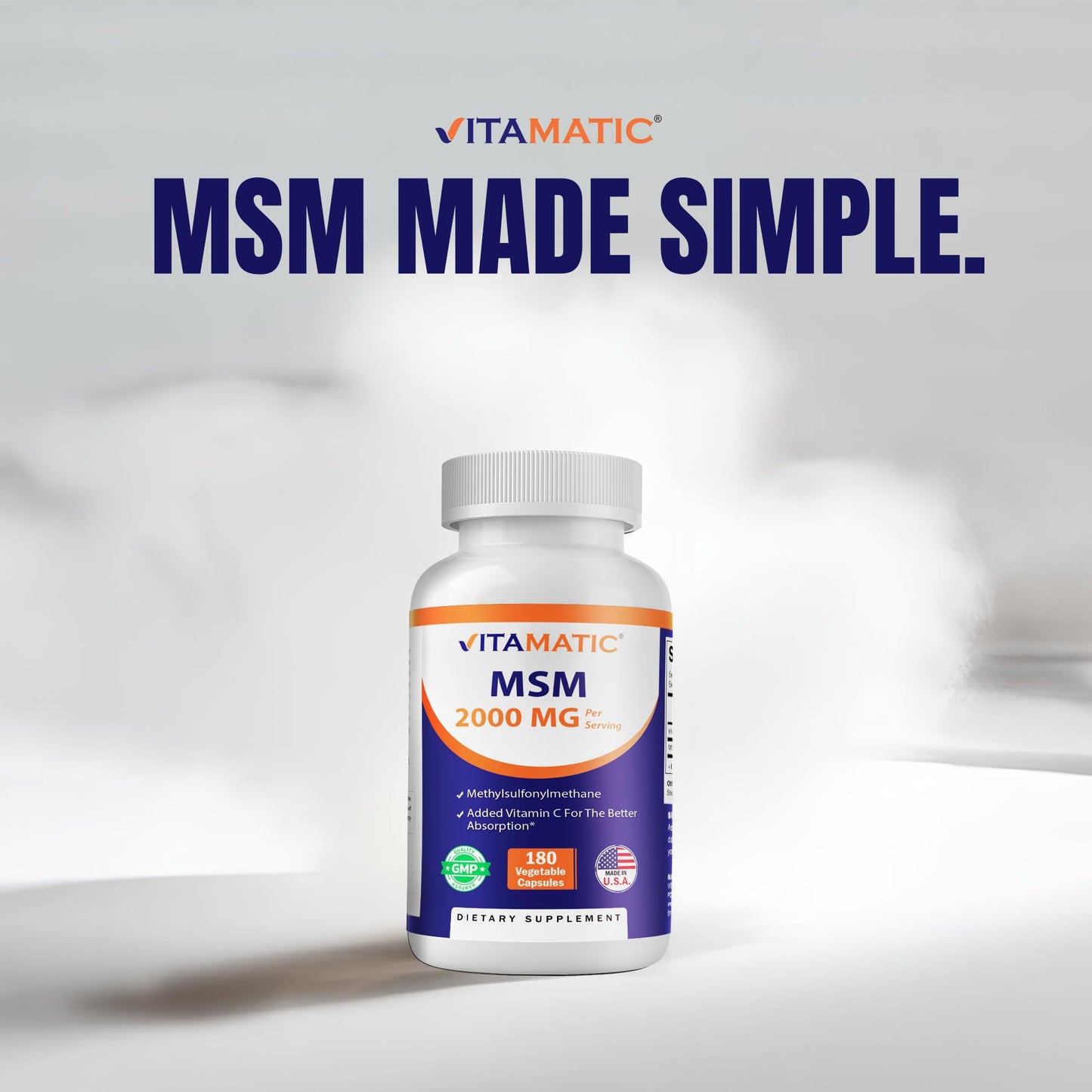 Vitamatic MSM 2000 mg with Vitamin C 75 mg per Serving Veg Capsules, 180 Count