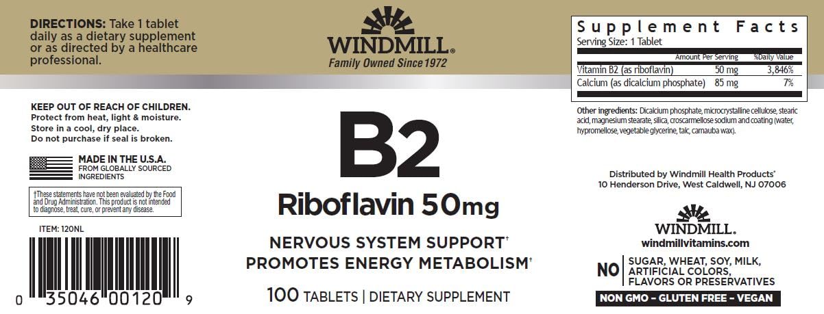 Windmill Vitamin B-2 50 mg Tablets, 100 Count