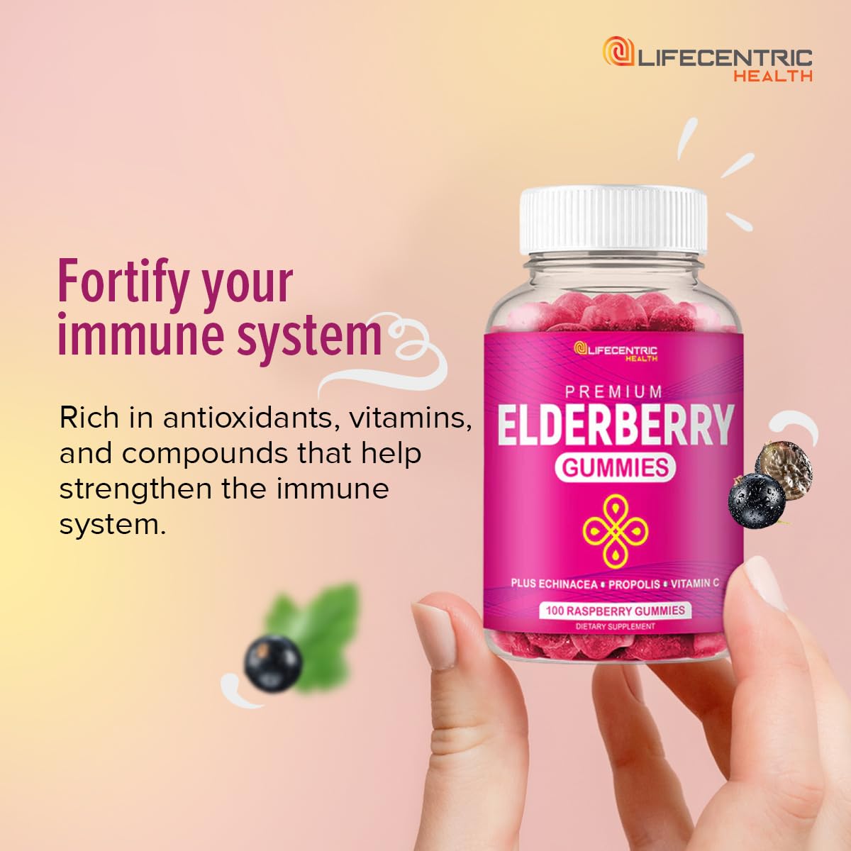 LifeCentric Health Elderberry Gummies with Vitamin C, Propolis & Echinacea Raspberry, 100 Gummies