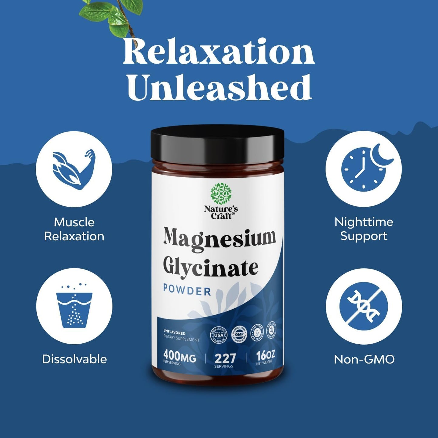 Natures Craft Magnesium Glycinate Powder 400mg, 32 oz