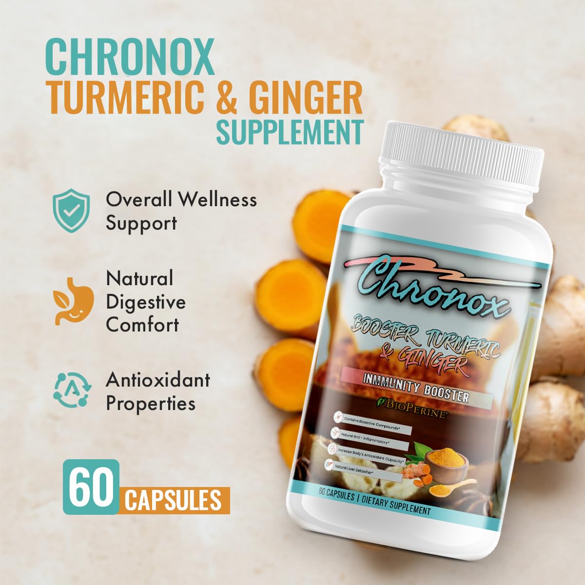 Chronox Turmeric & Ginger Supplement Capsules, 60 Count