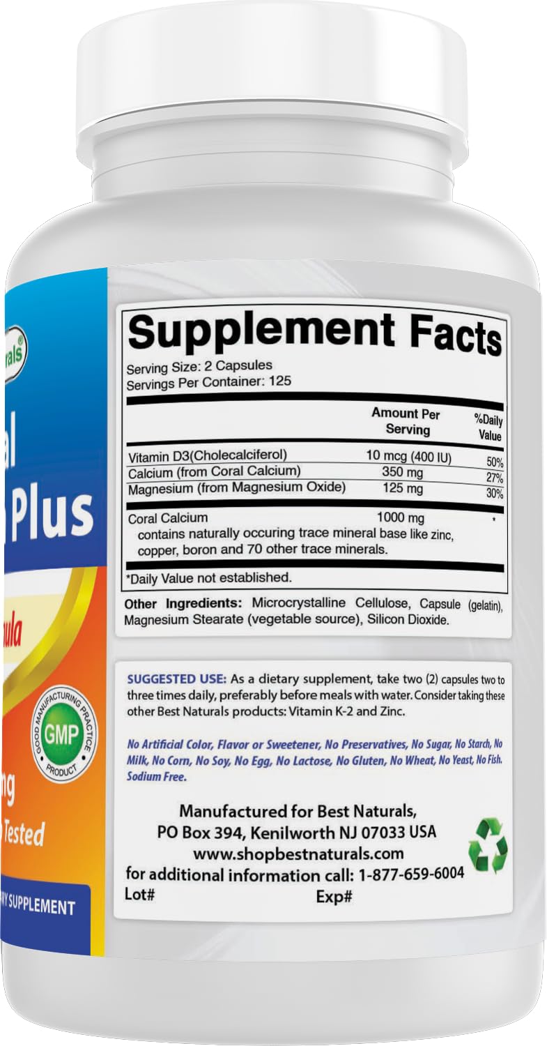 Best Naturals Coral Calcium Plus 1000 mg Capsules 250 Count