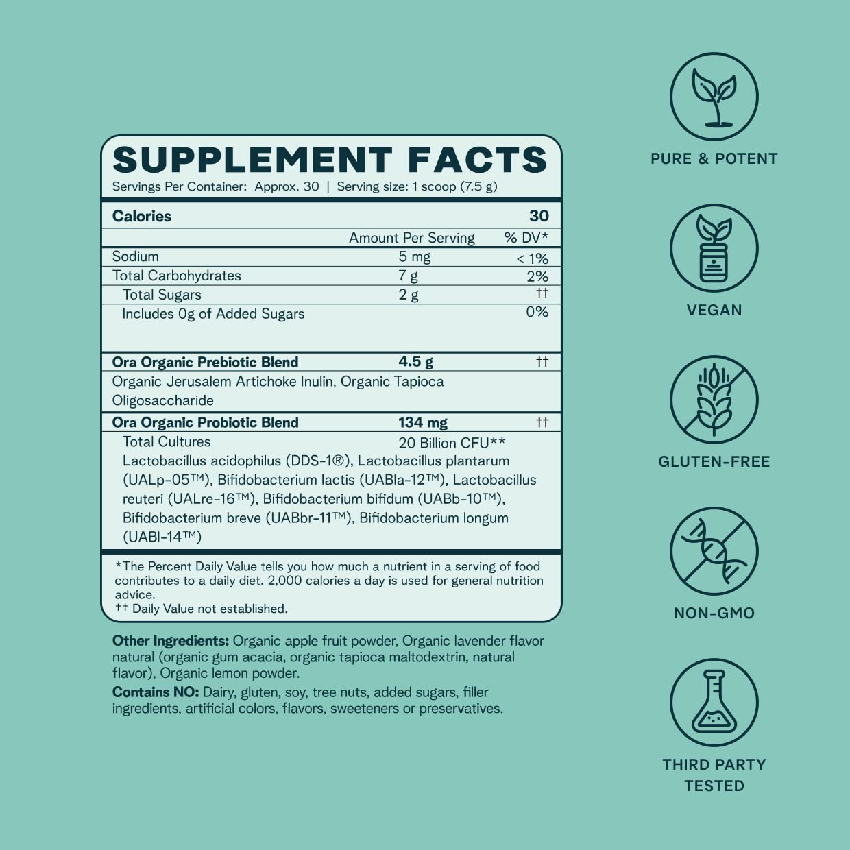 Ora Organic Prebiotic and Probiotic Powder Supplement, 7.9 oz