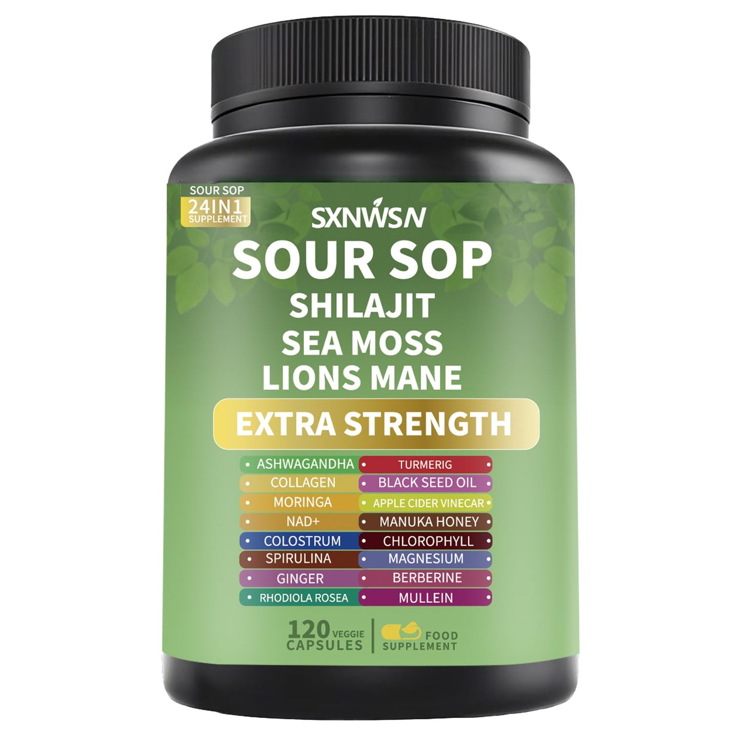 SXNWSN Soursop Supplement with Ashwagandha Sea Moss Lions Mane Turmeric Shilajit - Graviola Complex Capsules, 120 Vegan Capsules