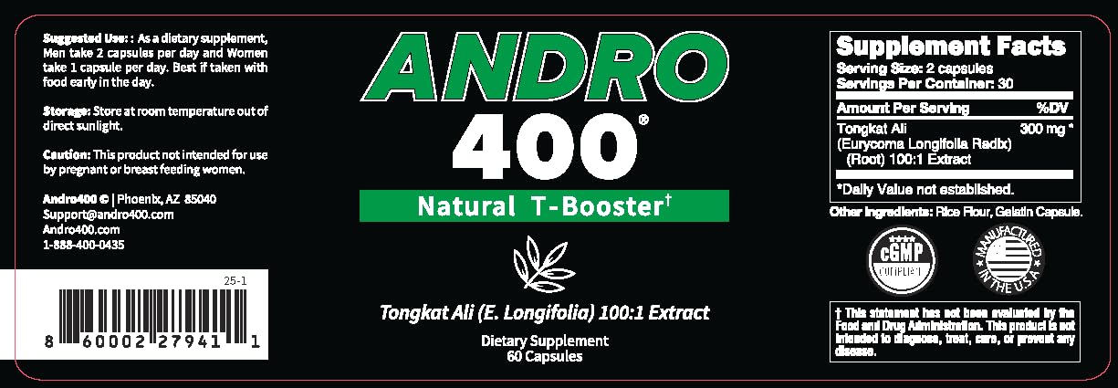 Andro400 Natural T Booster Supplements for Men – Tongkat Ali (Eurycoma Longifolia) 100:1 Extract – Herbal Formula for Energy, Stamina, & Metabolic Support, Capsules, 60 Count