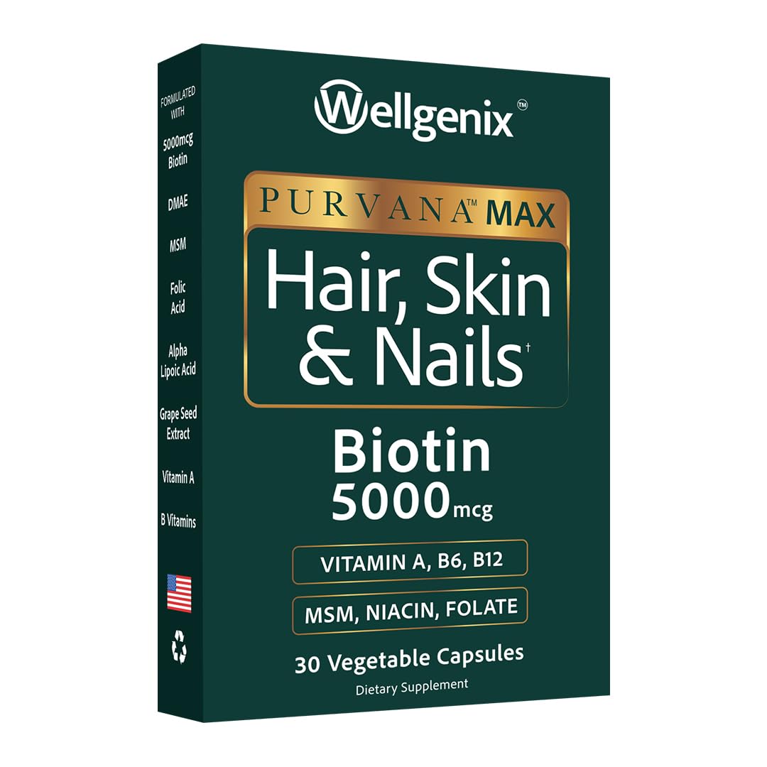 Wellgenix Purvana MAX Hair Skin and Nails Supplement 5000mcg Biotin with MSM & B-Complex Capsules, 30 Count