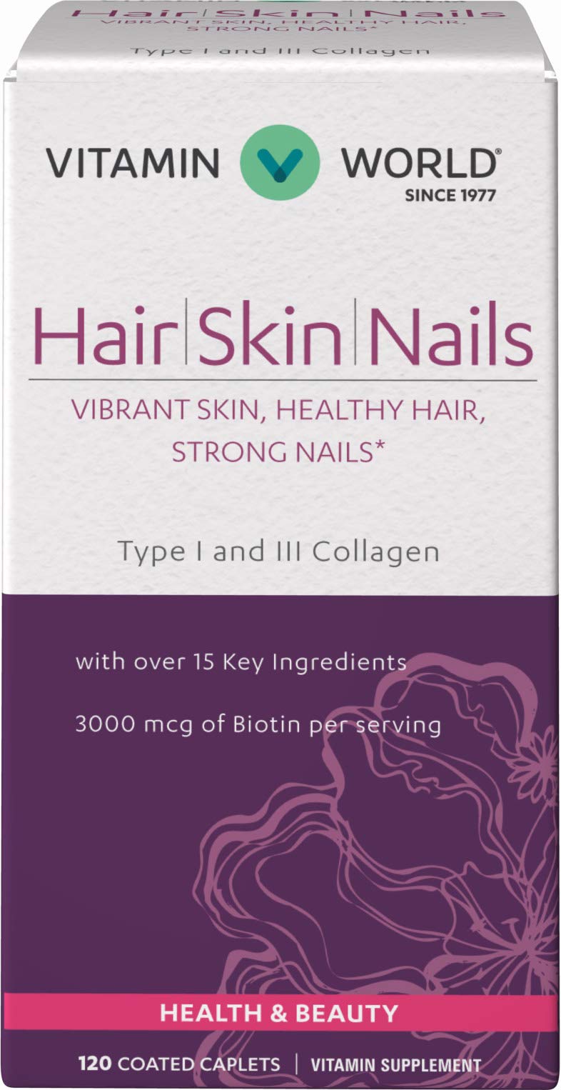 Vitamin World Hair, Skin and Nails Formula Caplets, Biotin B-7 Vitamin, 120 Caplets