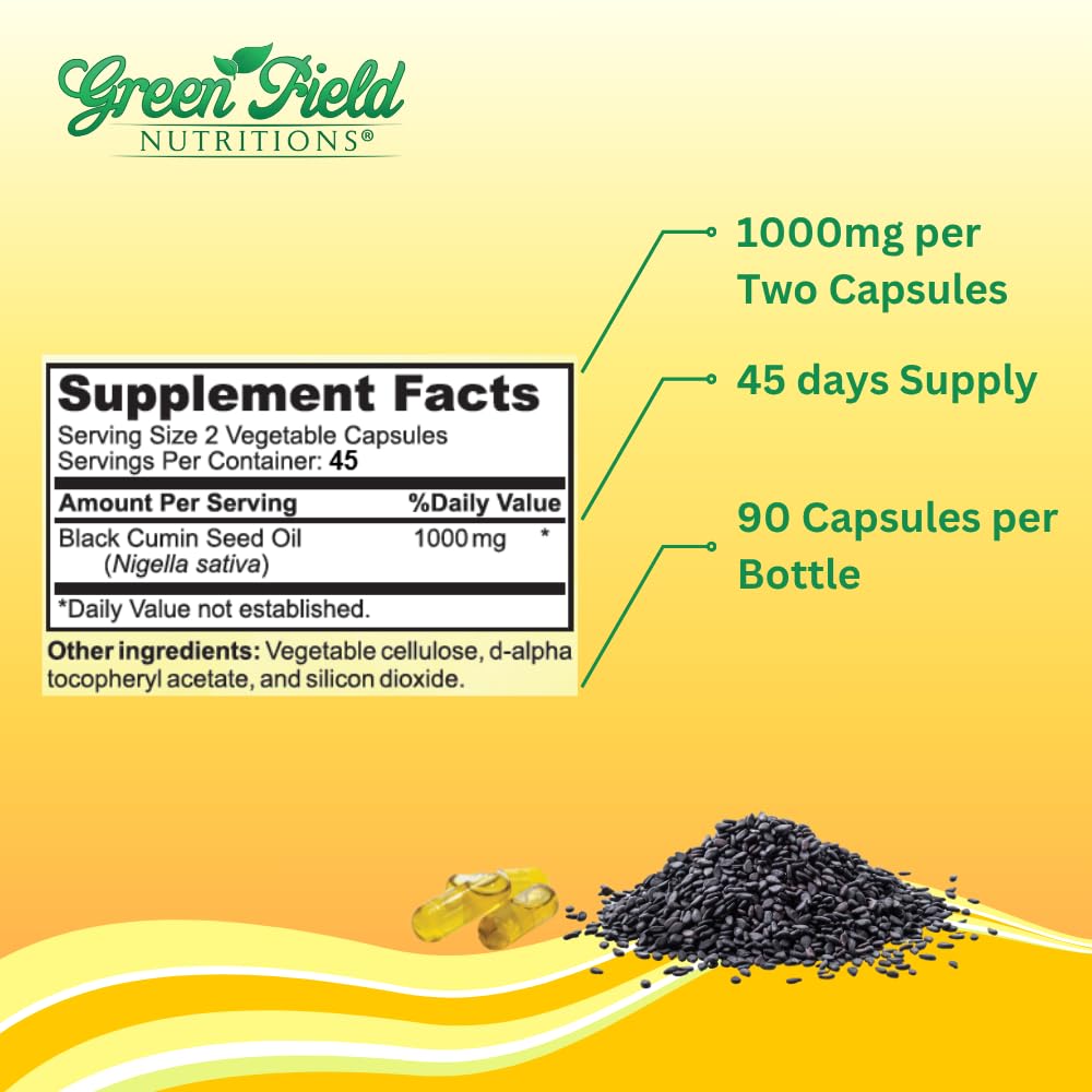 GREEN FIELD NUTRITIONS Halal Black Seed Oil (Nigella Sativa) Vegetarian Liquid Capsules, 90 Count