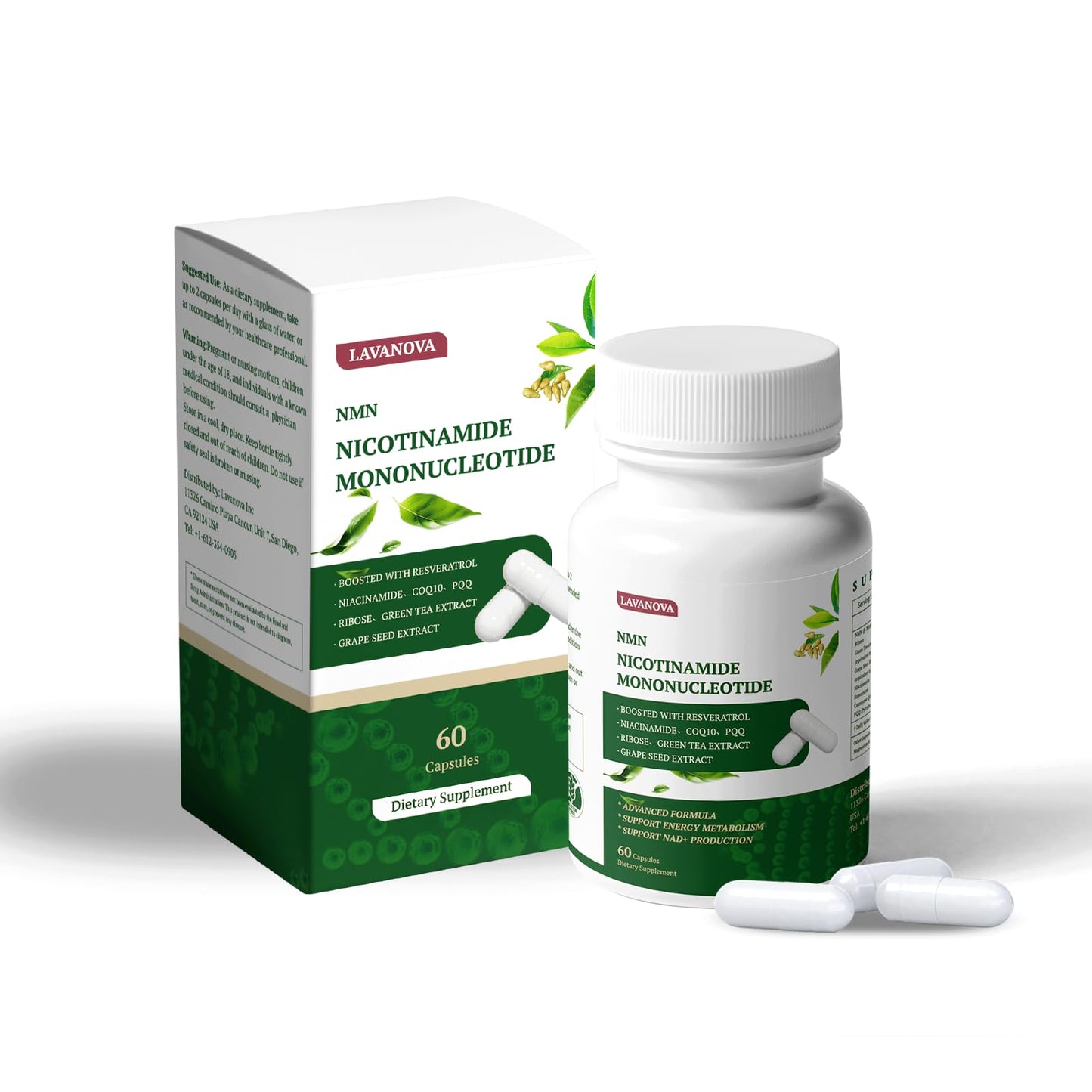 LAVANOVA NAD+ Supplement for Women, NMN Supplement 500mg with Nicotinamide Mononucleotide and Resveratrol, Supports NAD+ Levels & Cellular Energy, Anti-Aging & Longevity, 60 Capsules