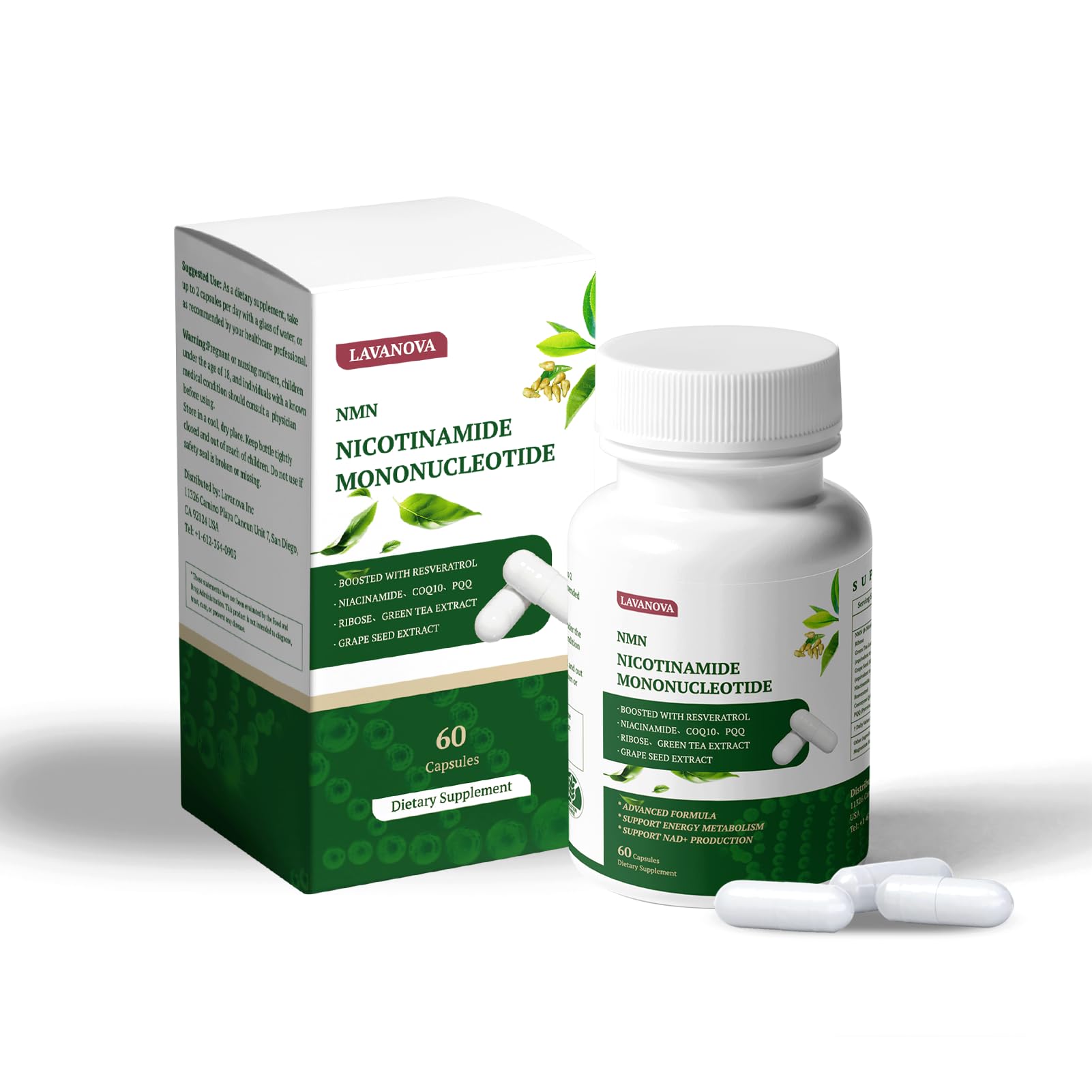 LAVANOVA NAD+ NMN 500mg with Resveratrol for Women, 60 Capsules